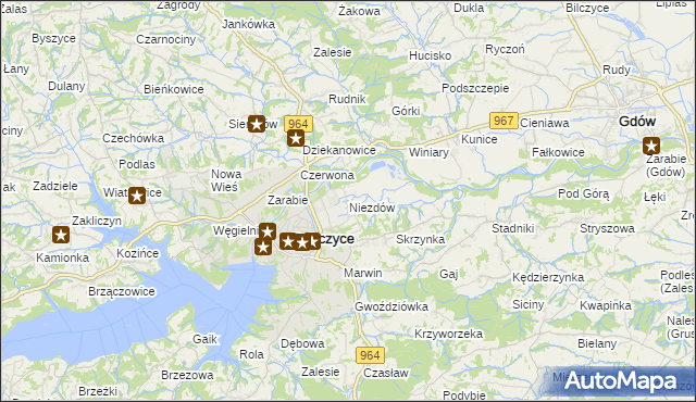 mapa Niezdów gmina Dobczyce, Niezdów gmina Dobczyce na mapie Targeo