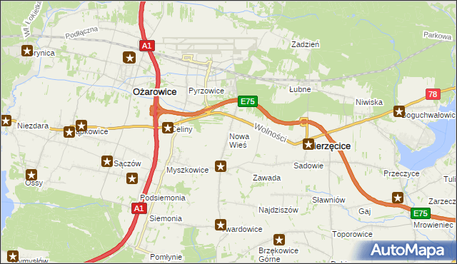 mapa Nowa Wieś gmina Mierzęcice, Nowa Wieś gmina Mierzęcice na mapie Targeo