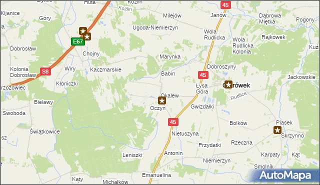 mapa Okalew gmina Ostrówek, Okalew gmina Ostrówek na mapie Targeo