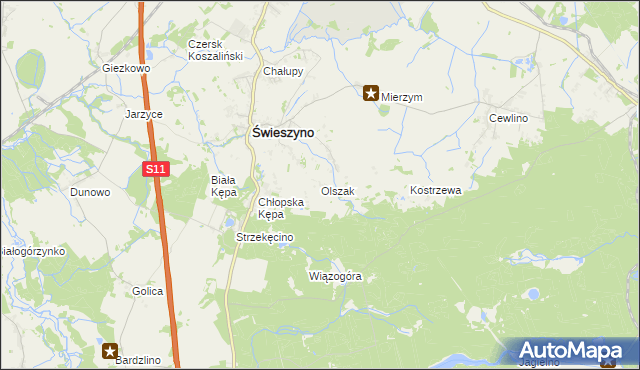 mapa Olszak gmina Świeszyno, Olszak gmina Świeszyno na mapie Targeo