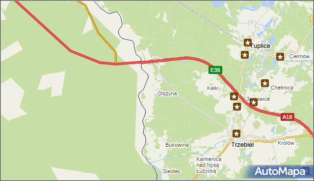 mapa Olszyna gmina Trzebiel, Olszyna gmina Trzebiel na mapie Targeo