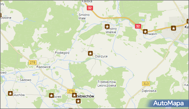 mapa Ostrzyce gmina Trzebiechów, Ostrzyce gmina Trzebiechów na mapie Targeo