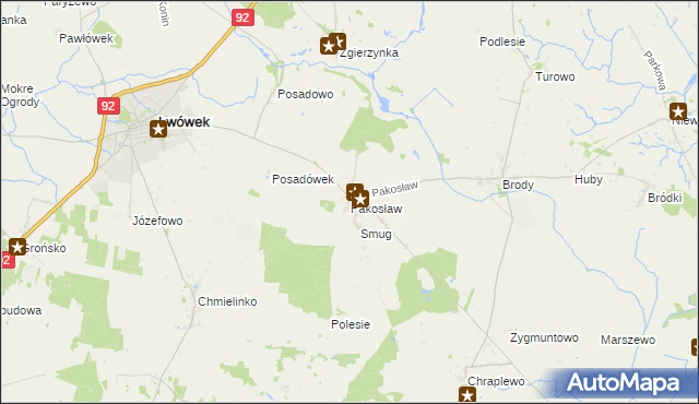 mapa Pakosław gmina Lwówek, Pakosław gmina Lwówek na mapie Targeo