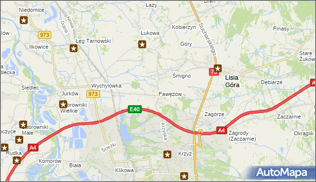 mapa Pawęzów gmina Lisia Góra, Pawęzów gmina Lisia Góra na mapie Targeo