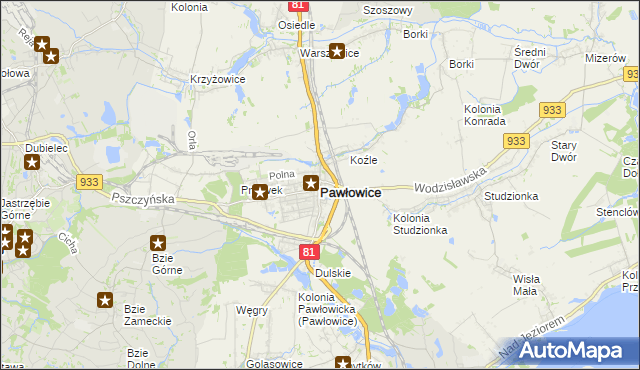 mapa Pawłowice powiat pszczyński, Pawłowice powiat pszczyński na mapie Targeo