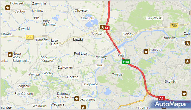 mapa Piekary gmina Liszki, Piekary gmina Liszki na mapie Targeo