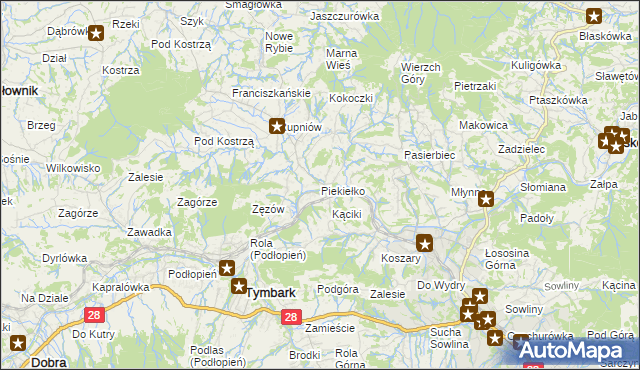 mapa Piekiełko gmina Tymbark, Piekiełko gmina Tymbark na mapie Targeo
