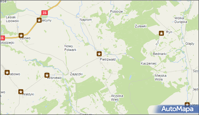 mapa Pietrzwałd gmina Ostróda, Pietrzwałd gmina Ostróda na mapie Targeo