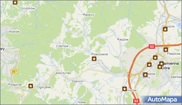 mapa Pisarzowice gmina Kamienna Góra, Pisarzowice gmina Kamienna Góra na mapie Targeo