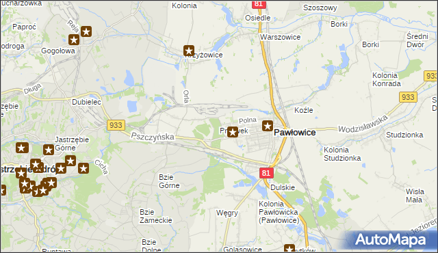 mapa Pniówek gmina Pawłowice, Pniówek gmina Pawłowice na mapie Targeo