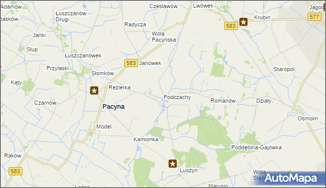 mapa Podczachy gmina Pacyna, Podczachy gmina Pacyna na mapie Targeo