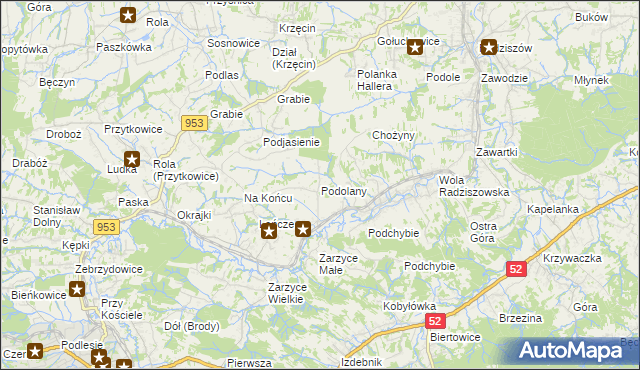 mapa Podolany gmina Kalwaria Zebrzydowska, Podolany gmina Kalwaria Zebrzydowska na mapie Targeo