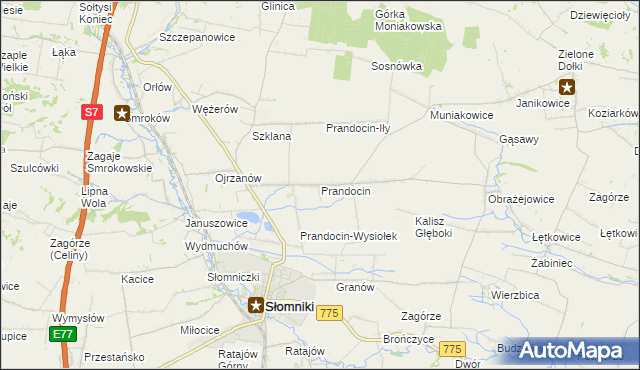 mapa Prandocin gmina Słomniki, Prandocin gmina Słomniki na mapie Targeo