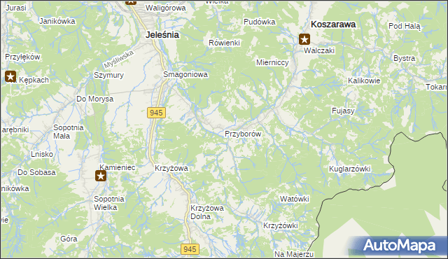 mapa Przyborów gmina Jeleśnia, Przyborów gmina Jeleśnia na mapie Targeo
