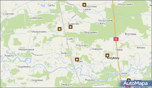 mapa Przymiarki gmina Krzykosy, Przymiarki gmina Krzykosy na mapie Targeo