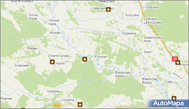 mapa Przystań gmina Olszewo-Borki, Przystań gmina Olszewo-Borki na mapie Targeo