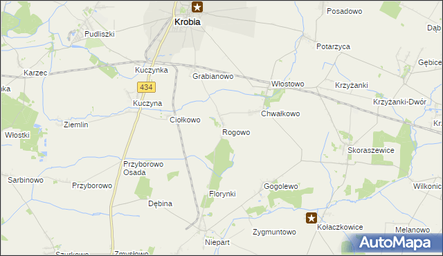 mapa Rogowo gmina Krobia, Rogowo gmina Krobia na mapie Targeo
