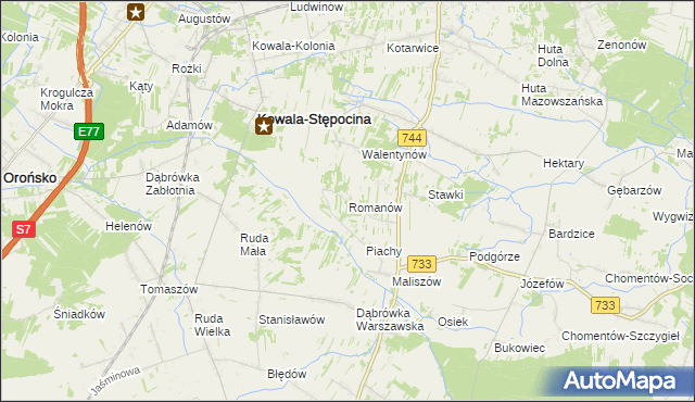 mapa Romanów gmina Kowala, Romanów gmina Kowala na mapie Targeo