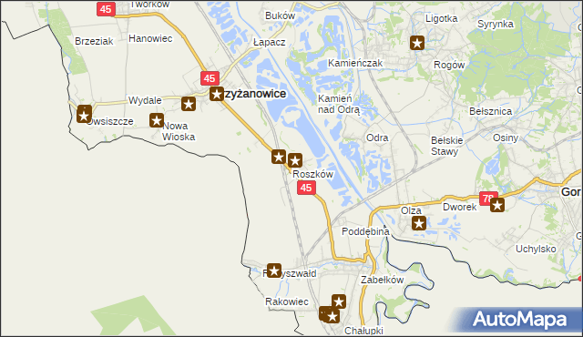 mapa Roszków gmina Krzyżanowice, Roszków gmina Krzyżanowice na mapie Targeo