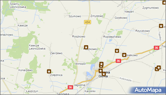 mapa Roszkówko gmina Miejska Górka, Roszkówko gmina Miejska Górka na mapie Targeo