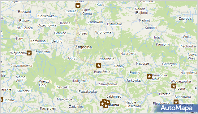 mapa Rozdziele gmina Żegocina, Rozdziele gmina Żegocina na mapie Targeo