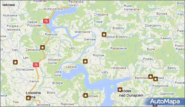 mapa Rożnów gmina Gródek nad Dunajcem, Rożnów gmina Gródek nad Dunajcem na mapie Targeo