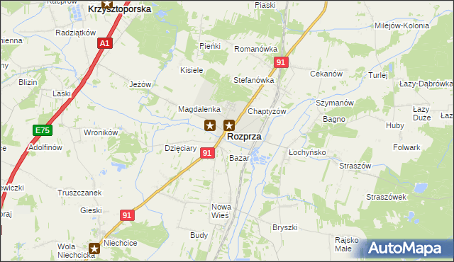 mapa Rozprza powiat piotrkowski, Rozprza powiat piotrkowski na mapie Targeo