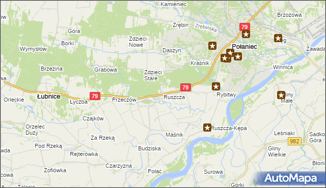 mapa Ruszcza gmina Połaniec, Ruszcza gmina Połaniec na mapie Targeo
