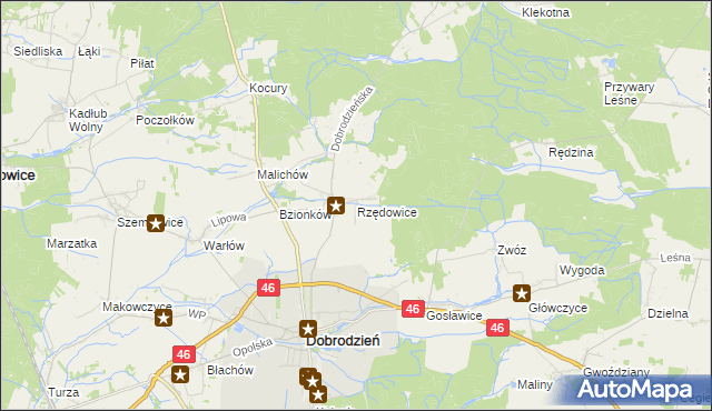 mapa Rzędowice gmina Dobrodzień, Rzędowice gmina Dobrodzień na mapie Targeo