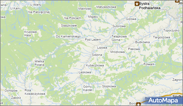 mapa Sidzina gmina Bystra-Sidzina, Sidzina gmina Bystra-Sidzina na mapie Targeo