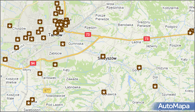 mapa Skrzyszów powiat tarnowski, Skrzyszów powiat tarnowski na mapie Targeo