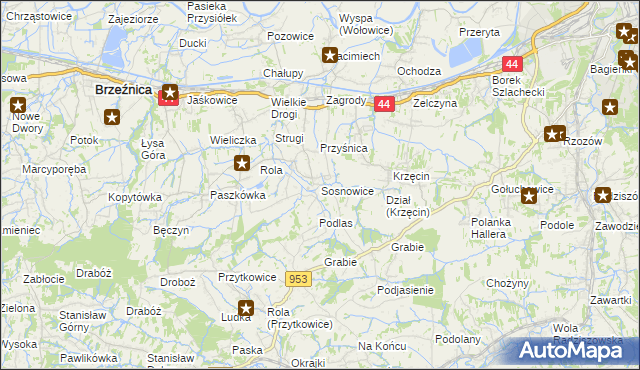 mapa Sosnowice gmina Brzeźnica, Sosnowice gmina Brzeźnica na mapie Targeo