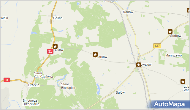 mapa Starków gmina Rzepin, Starków gmina Rzepin na mapie Targeo