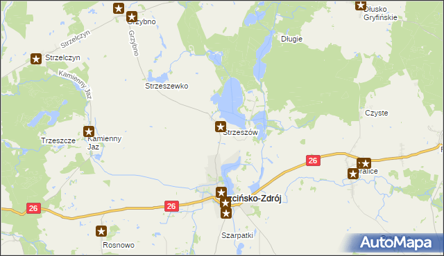 mapa Strzeszów gmina Trzcińsko-Zdrój, Strzeszów gmina Trzcińsko-Zdrój na mapie Targeo