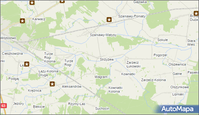 mapa Strzyżew gmina Łuków, Strzyżew gmina Łuków na mapie Targeo