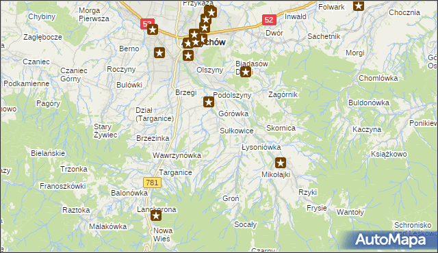 mapa Sułkowice gmina Andrychów, Sułkowice gmina Andrychów na mapie Targeo