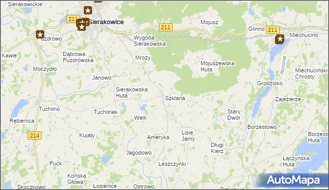 mapa Szklana gmina Sierakowice, Szklana gmina Sierakowice na mapie Targeo