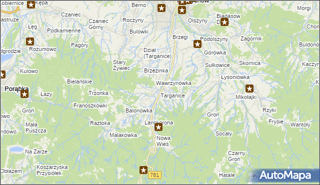 mapa Targanice, Targanice na mapie Targeo