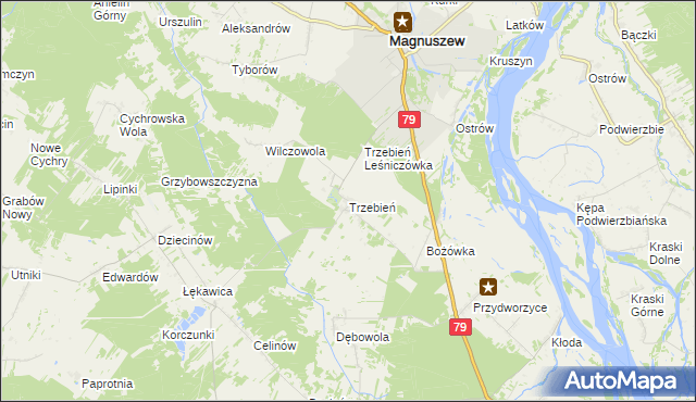 mapa Trzebień gmina Magnuszew, Trzebień gmina Magnuszew na mapie Targeo