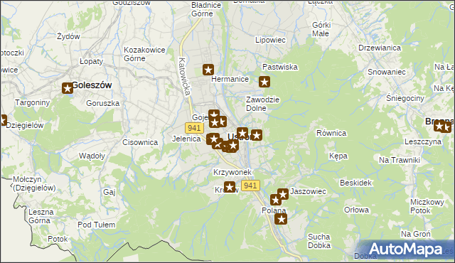 mapa Ustroń powiat cieszyński, Ustroń powiat cieszyński na mapie Targeo