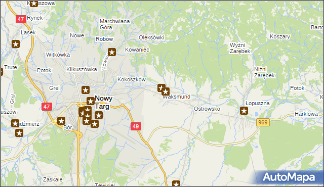 mapa Waksmund, Waksmund na mapie Targeo