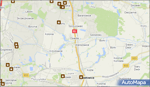 mapa Warszowice, Warszowice na mapie Targeo