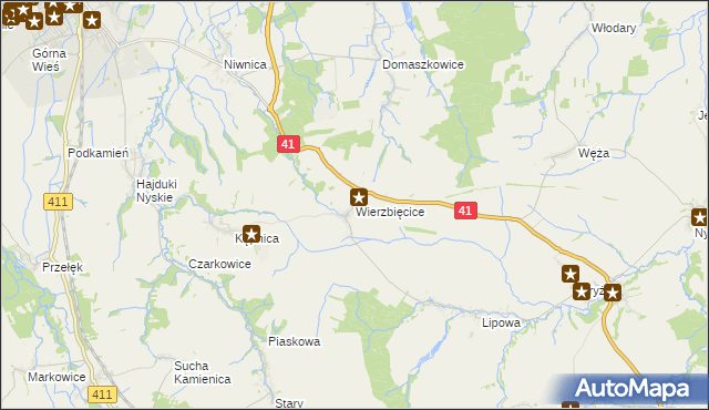 mapa Wierzbięcice gmina Nysa, Wierzbięcice gmina Nysa na mapie Targeo