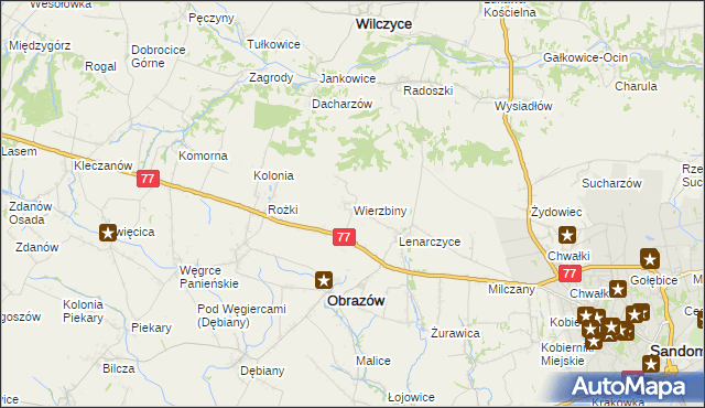 mapa Wierzbiny gmina Obrazów, Wierzbiny gmina Obrazów na mapie Targeo