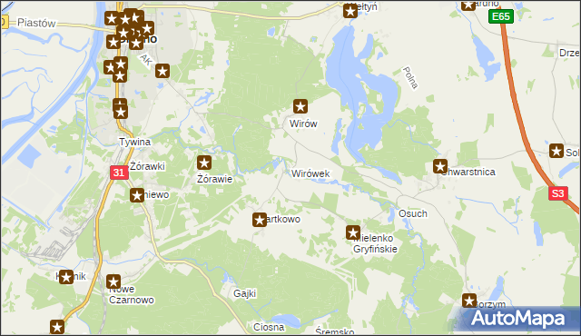 mapa Wirówek gmina Gryfino, Wirówek gmina Gryfino na mapie Targeo