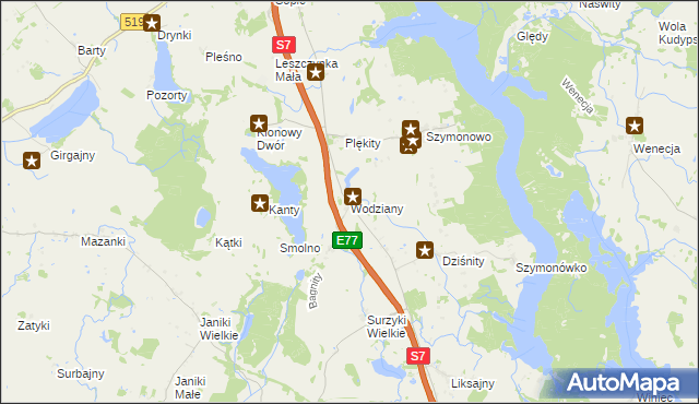 mapa Wodziany, Wodziany na mapie Targeo