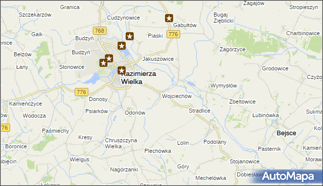 mapa Wojciechów gmina Kazimierza Wielka, Wojciechów gmina Kazimierza Wielka na mapie Targeo