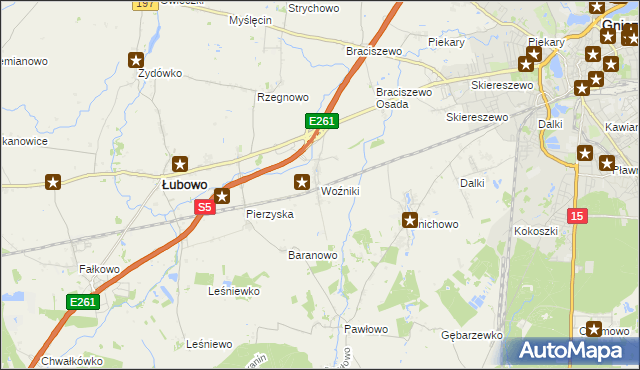 mapa Woźniki gmina Łubowo, Woźniki gmina Łubowo na mapie Targeo