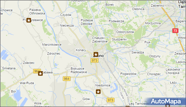 mapa Żabno powiat tarnowski, Żabno powiat tarnowski na mapie Targeo