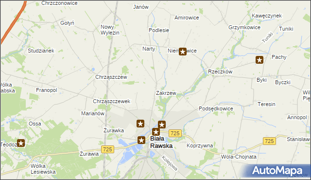 mapa Zakrzew gmina Biała Rawska, Zakrzew gmina Biała Rawska na mapie Targeo